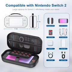 Switch 2 Carrying Case for Nintendo Switch 2 (2025), Portable PU Hard Shell Travel Case with Pockets for Accessories and Games Card, Protective Travel Bag for Switch 2 Holds 10 Game Cartridge, Black