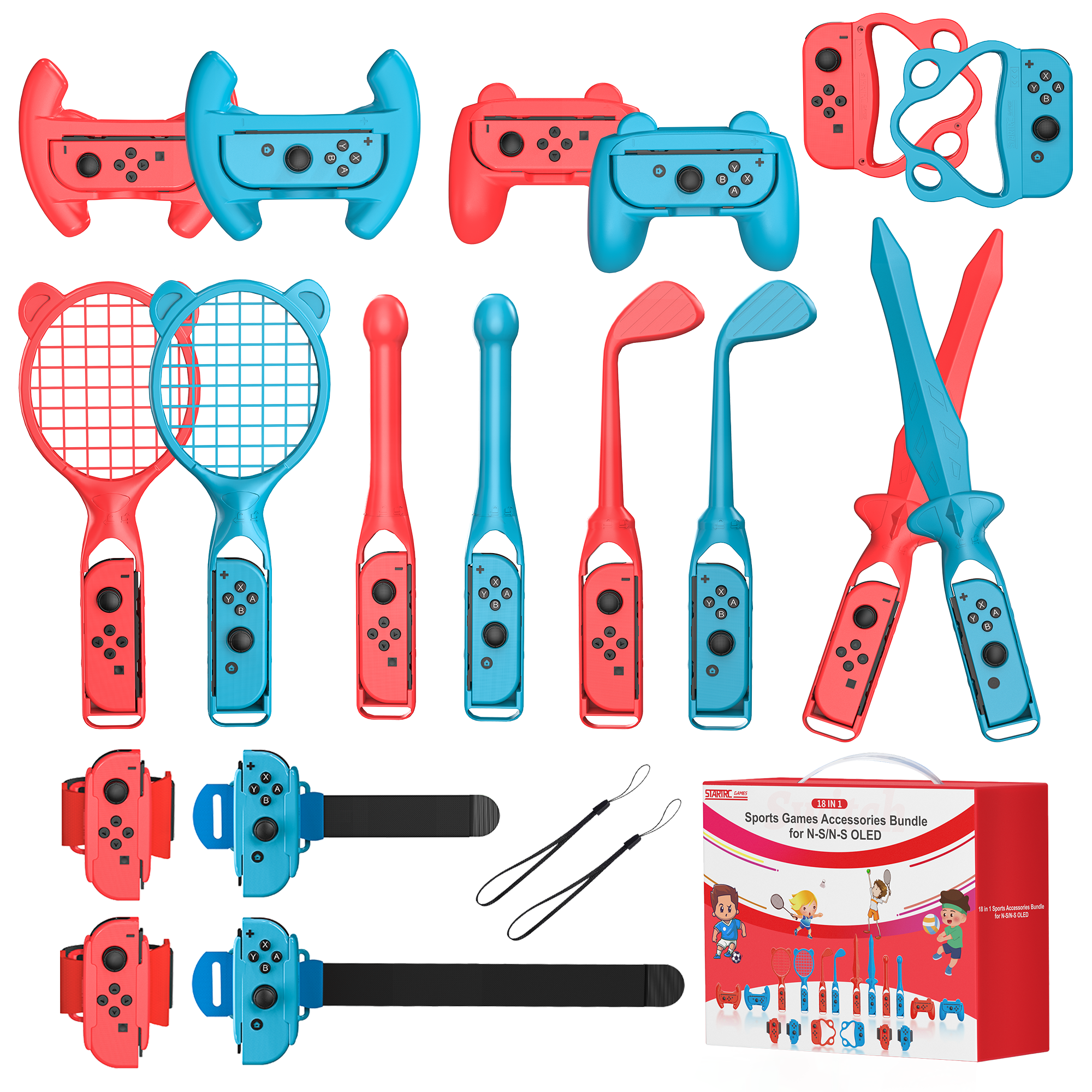 STARTRC GAMES  For Switch Sports Accessories Bundle, 18 in 1 Sports Accessories Kit for Nintendo Switch/Switch OLED