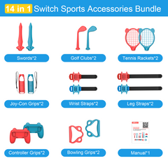 STARTRC GAMES For Switch Sports Accessories Bundle, 14 in 1 Sports Accessories Kit for Nintendo Switch/Switch OLED