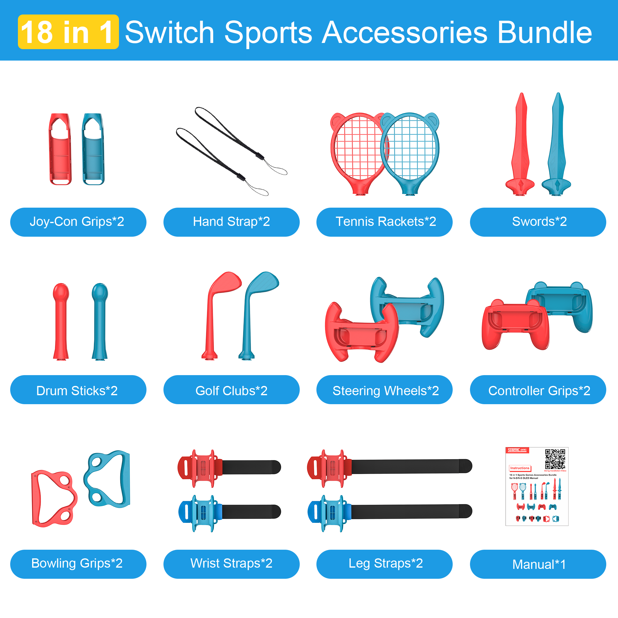 STARTRC GAMES  For Switch Sports Accessories Bundle, 18 in 1 Sports Accessories Kit for Nintendo Switch/Switch OLED