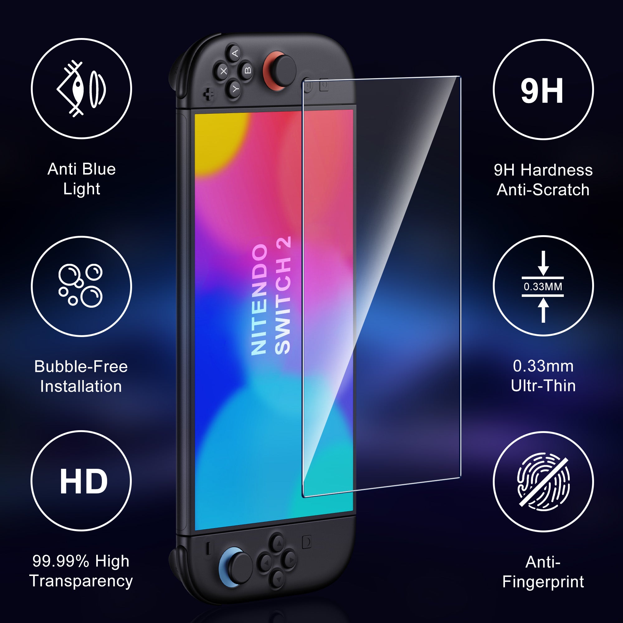 2-piece screen protector for Nintendo Switch2 (2025) Transparent high-definition screen protector with alignment frame scratch-resistant screen protector, suitable for Nintendo Switch2, 0.3mm thickness/no bubbles/ultra-clear /9H hardness