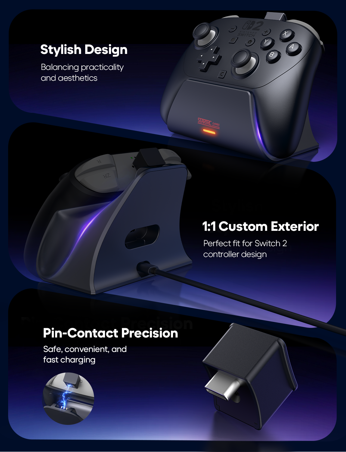 STARTRC GAMES Charging Dock for Nintendo Switch 2 Pro Controller | LED Indicator and Pin-Contact Precision, Portable Fashion Charging Station (Only for Official Switch 2 Pro Controller)