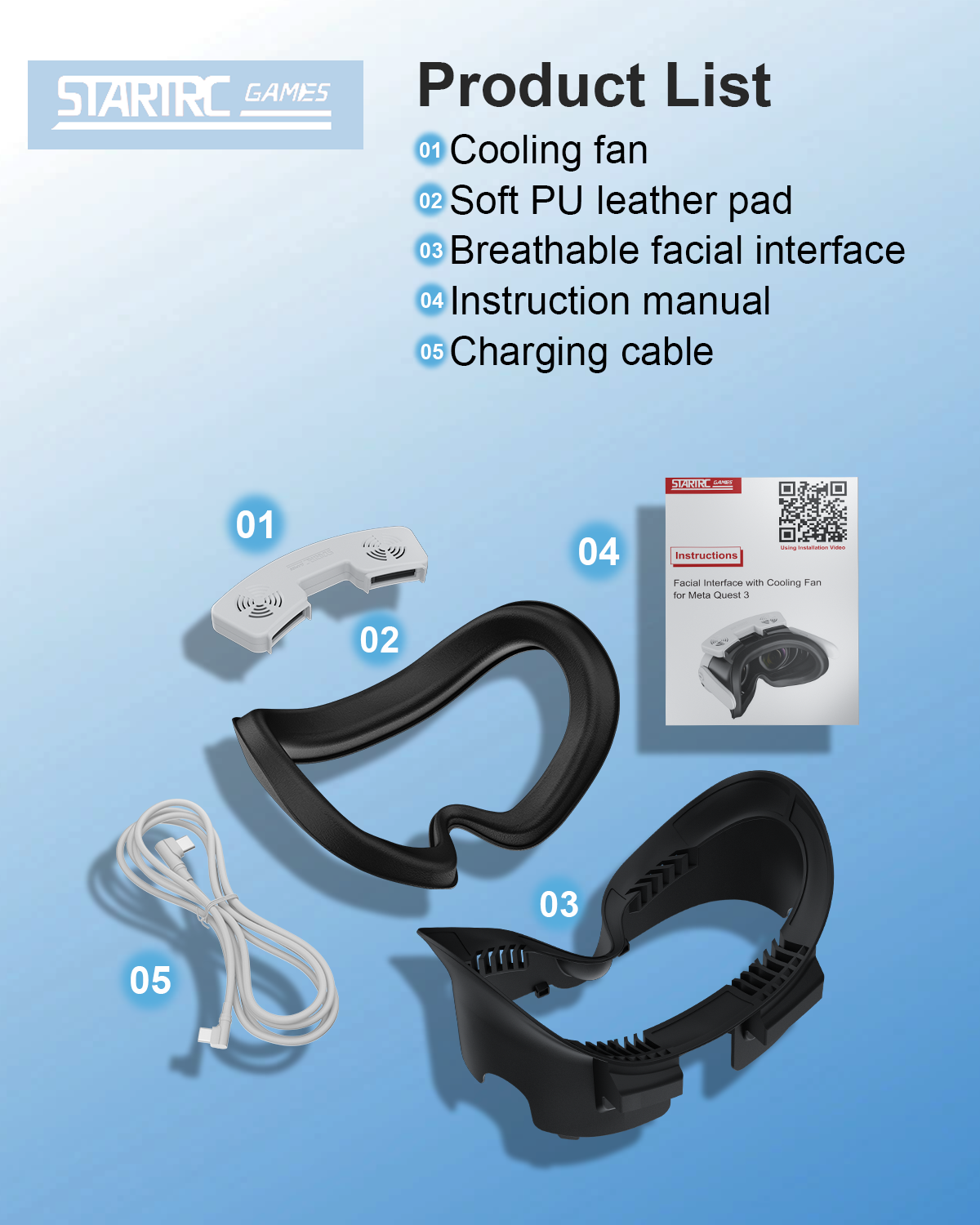 STARTRC GAMES Facial Interface Cooling Fan for Meta Quest 3 Accessory Adjustable Fan and PU Leather Face Pad