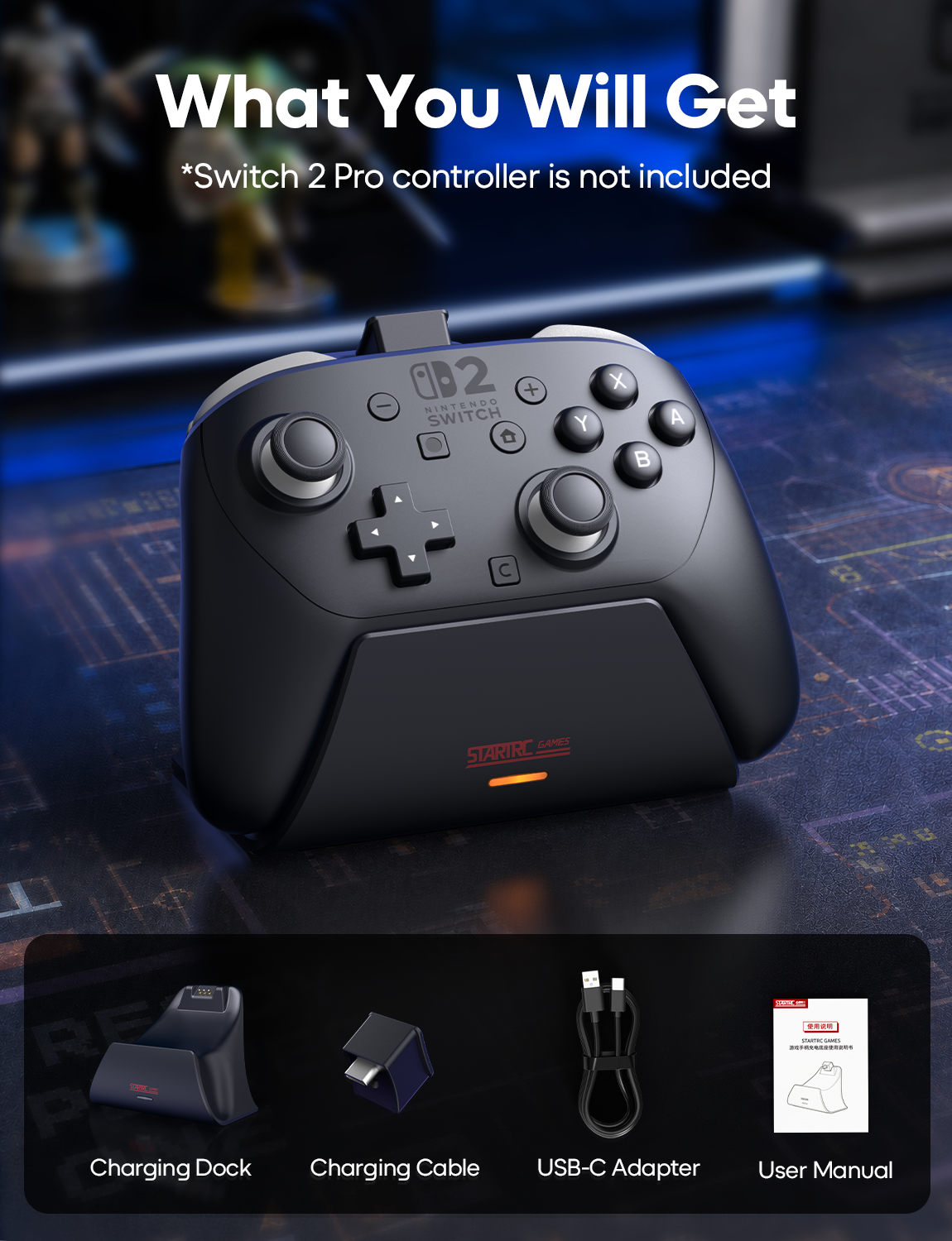 STARTRC GAMES Charging Dock for Nintendo Switch 2 Pro Controller | LED Indicator and Pin-Contact Precision, Portable Fashion Charging Station (Only for Official Switch 2 Pro Controller)